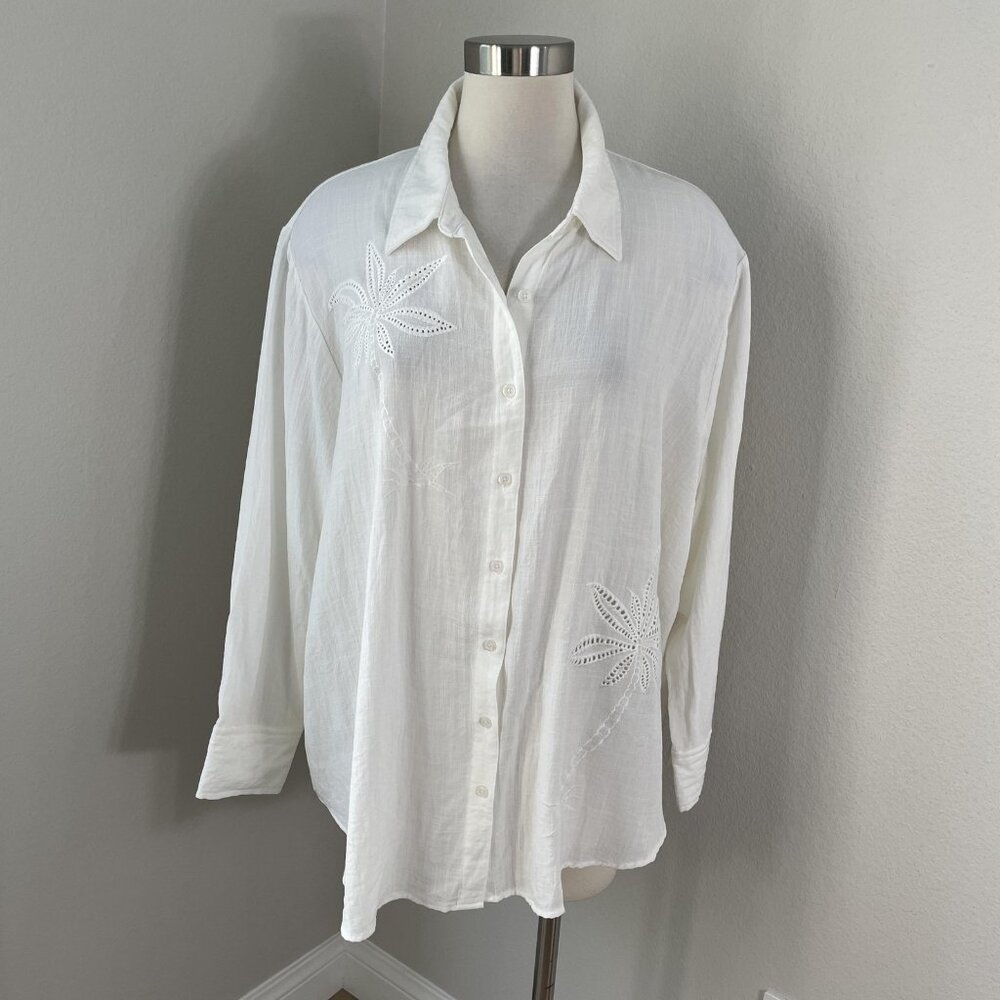 Calypso St. Barth Shirt Womens 2X White Embroidered Palm Tree Button Front Tunic